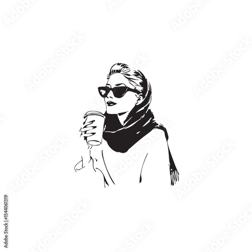 Fashionable woman holding coffee cup in stylish sunglasses and scarf