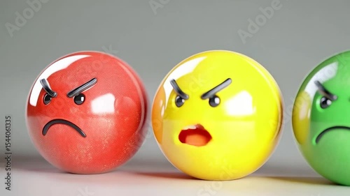 Three angry emoji spheres in red, yellow, and green