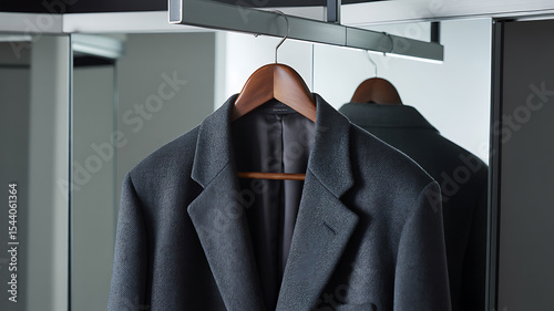 A gray blazer hanging on a wooden hanger in a closet with a mirror door