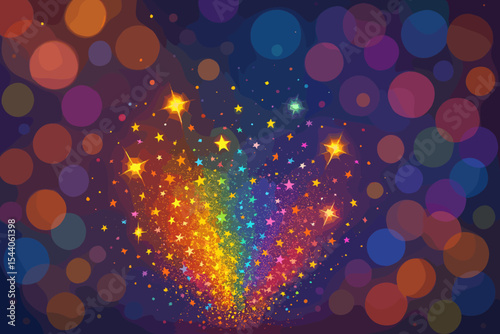Vibrant Rainbow Glitter Explosion with Sparkling Stars and Abstract Bokeh Lights Background. Dynamic Festive Party Celebration Decoration, Magic Fantasy Event Design.