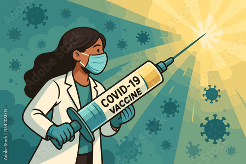 Global pandemic vaccine hope. Healthcare professional with large syringe, COVID-19 medical breakthrough, fighting coronavirus disease. Cartoon vector illustration.