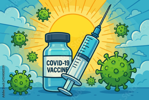 Covid-19 vaccine concept. Ray of hope against coronavirus pandemic. Syringe and vial for immunization. Fight virus disease. Medical healthcare protection and treatment. Cartoon vector.