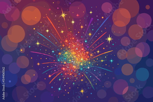 Colorful Glitter Explosion Abstract Bokeh Background for Festive Celebrations, New Year, Holidays, Birthday Party Events. Vibrant Sparkle Burst, Dynamic Shimmer Design.