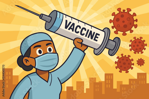 COVID-19 Vaccine Hope, Medical Worker Triumphs Over Pandemic Virus. Healthcare Hero with Syringe Offers Global Solution, Immunity. City Fights Disease, Prevention. Cartoon Vector Illustration