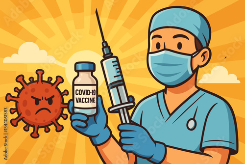 COVID-19 Vaccine: A Ray of Hope Against Global Pandemic. Cartoon Vector Illustration of Healthcare Worker, Doctor or Nurse Holding Syringe and Vial, Defeating Coronavirus Threat, Virus Protection.