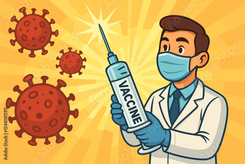 COVID-19 vaccination solution. Doctor, medical mask, gloves, lab coat, holds large syringe for coronavirus disease prevention. Hope for global immunity, health, fighting pandemic, future protection.