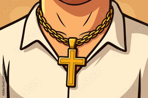 Golden Crucifix Necklace: A Powerful Symbol of Faith and Devotion Worn Closely. Christian Religious Jewelry. Modern Cartoon Vector Illustration of Spiritual Accessory on Person's Neck.