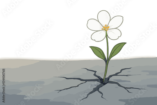 Delicate White Flower Growing Through Urban Concrete Crack, Symbolizing Resilience, Hope, Overcoming Adversity, and New Life. Vector Cartoon Illustration with Copy Space.