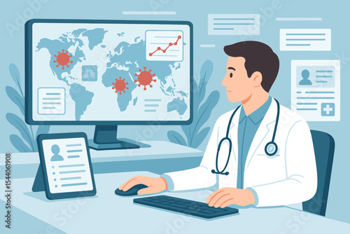 Global pandemic healthcare monitoring. Doctor analyzing COVID-19 outbreak data on digital world map. Electronic medical records. Pandemic statistics. Remote medical consultation. Vector illustration