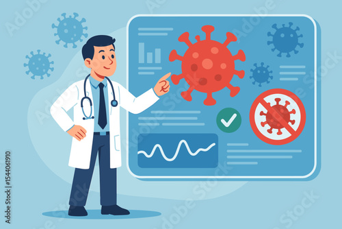 Doctor analyzing coronavirus data and pandemic statistics on digital screen. Medical professional with stethoscope studying COVID-19 virus prevention, infection control, healthcare infographic
