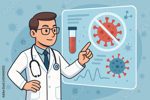 Cartoon doctor analyzing coronavirus test results on virtual screen. Medical professional with stethoscope studying blood sample, virus prevention, covid-19 outbreak, healthcare research concept