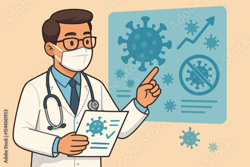 Medical Doctor Examining COVID-19 Test Results on Virtual Screen, Virus Prevention Data Analysis, Healthcare Professional Pandemic Research, Stethoscope, Coronavirus Graphic Vector Illustration