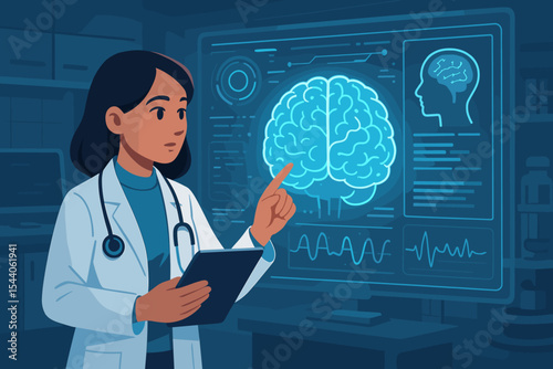 Female Doctor Analyzing Patient Brain Scan with Futuristic Digital Interface in Medical Lab, Neurology Technology, Healthcare Innovation, Medical Research Concept Vector Illustration
