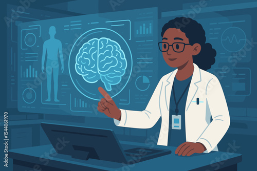 Female doctor examining digital brain scan on futuristic medical interface, neuroscience laboratory, healthcare technology, artificial intelligence in diagnostics, data analysis concept illustration