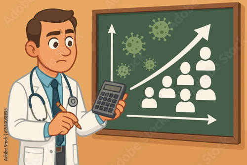 Cartoon Doctor Analyzing Virus Epidemic Growth, Calculating Increasing Patient Cases on Chalkboard, Stethoscope and Calculator, Medical Statistics, Infectious Disease Outbreak Vector Illustration