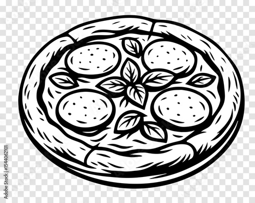 A black and white drawing of a pizza margherita with four slices of pepperoni and a leaf of basil.