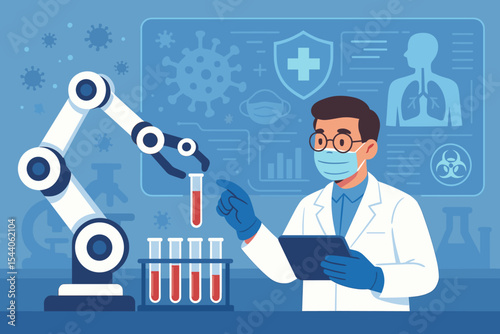 Medical Laboratory Automation with Robotic Arm for Virus Testing and Disease Prevention, Scientist Analyzing Blood Samples with Tablet, Digital Medical Data Screen, Healthcare Technology Concept