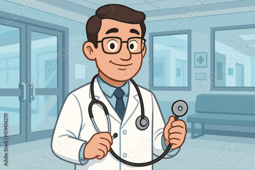 Cartoon doctor in white coat holding stethoscope, hospital interior background, healthcare professional, clinic medical staff, medical examination, medicine concept, vector illustration