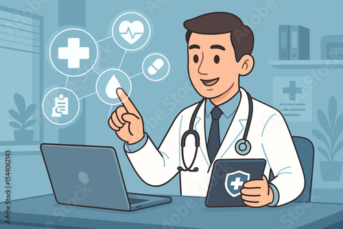 Medical professional in modern office using laptop and tablet, interacting with digital healthcare icons, stethoscope, virtual interface technology, cartoon vector, telemedicine, health data
