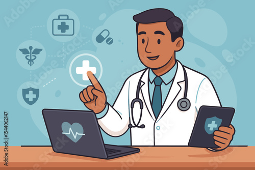 Modern healthcare technology concept. Doctor with stethoscope using laptop and tablet, interacting with digital medical icons, telemedicine symbols, online consultation, cartoon vector illustration