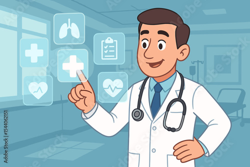Cartoon doctor in hospital using stethoscope interacting with digital medical icons on virtual touchscreen interface. Healthcare technology, telemedicine, electronic health record vector illustration