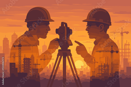 Double exposure vector of construction surveyor and engineer teamwork using theodolite at urban building site, silhouettes, cranes, cityscape skyline, sunset, architectural planning illustration