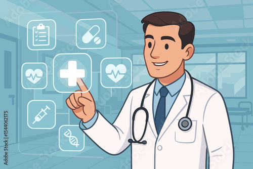 Cartoon doctor with stethoscope using touchscreen digital medical interface. Hospital healthcare technology. Modern medicine, online diagnosis, telemedicine concept. Health icons, virtual interaction