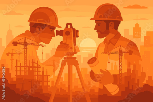 Double exposure illustration of surveyor and civil engineer using theodolite and blueprints, teamwork at city construction site, engineering, architecture, cranes, urban skyline, sunset scene