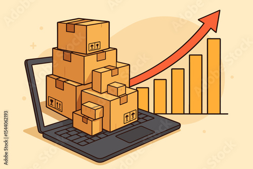 E-commerce growth concept with stacked shipping boxes on laptop, rising business graph arrow, online retail sales increase, delivery logistics, digital marketplace, vector illustration