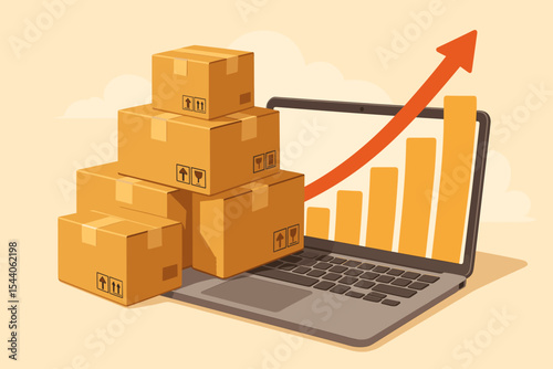 E-commerce growth online shopping boxes stacked on laptop with rising sales graph, business success logistics shipping, digital retail market increase, vector illustration no text