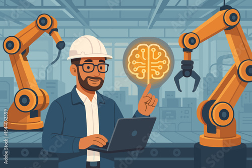 Industrial engineer controlling robotic arms with artificial intelligence brain in smart factory. Automation, robotics, AI technology, manufacturing process, digital transformation vector illustration