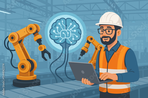 Industrial engineer controls robotic arms with artificial intelligence neural network automation in smart factory. Futuristic technology, manufacturing process management, industry 4.0 concept vector