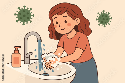 Cartoon woman washing hands with soap at sink, thorough hand hygiene, coronavirus prevention, pandemic health safety, virus protection, personal hygiene routine, vector illustration