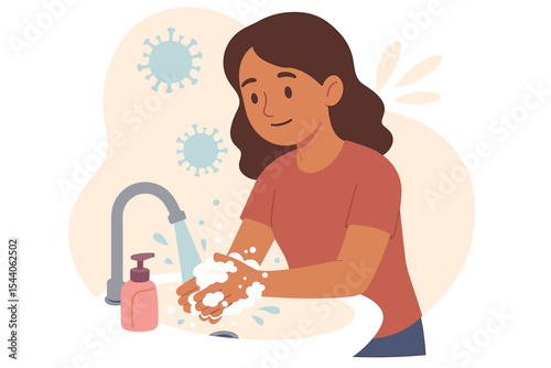 Woman Washing Hands with Soap and Water at Sink. Hygiene Prevention Icon. Coronavirus Covid-19. Handwashing Steps. Virus Protection. Health Care. Clean Hands. Vector Cartoon Illustration.