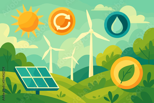 Vibrant abstract nature landscape illustration with renewable energy icons: sun, solar panel, wind turbines, recycle, water, leaf. Eco-friendly sustainable clean power generation concept design vector