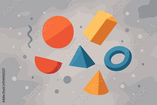 Vibrant abstract 3D geometric shapes like sphere, pyramid, cone, torus, and cylinder floating dynamically with particles on a misty gray background, modern vector illustration for design.