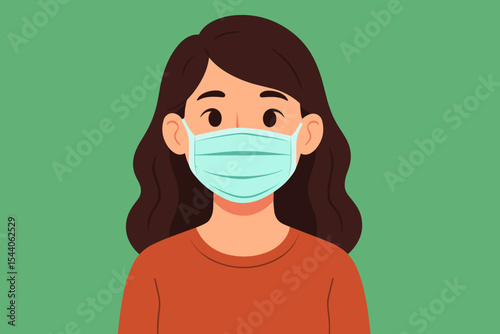 Woman with long dark hair wearing orange shirt and medical face mask, health protection, safety prevention, pandemic illustration, green background, flat vector cartoon avatar