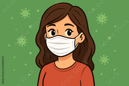 Cartoon woman wearing medical face mask for virus protection, covid-19 prevention, health safety, female character with brown hair, green background, pandemic hygiene, vector illustration