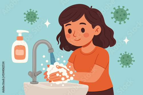 Cartoon girl washing hands with soap and water at sink for hygiene, virus prevention, coronavirus protection, disease control, health care, cleanliness, sanitation routine, vector illustration
