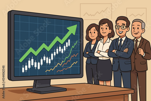 Business Team Analyzing Positive Stock Market Growth on Monitor, Financial Chart with Rising Graph, Corporate Investors, Investment, Economic Success, Finance Meeting, Vector Illustration
