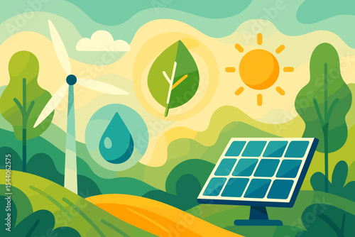 Vibrant Renewable Green Energy Eco Landscape. Clean Sustainable Environment with Solar Panel, Wind Turbine, Sun, Leaf, Water Icons. Eco-friendly, Nature Power, Global Harmony Vector Illustration.