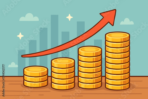 Economic growth investment concept, golden coins stacked in ascending order, red upward arrow, financial profit increase, cartoon vector, wealth accumulation, business success illustration