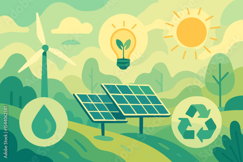 Sustainable green energy landscape with renewable sources like solar panels, wind turbine, and recycling icons. Eco-friendly environment, clean power, alternative technology vector illustration.
