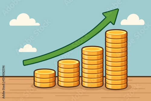 Increasing stacks of gold coins with upward green arrow, financial growth investment concept, economic progress, profit and revenue rise, wealth accumulation, business success cartoon vector