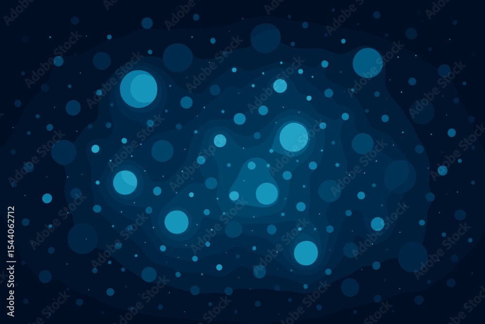 Abstract Dark Blue Bokeh Background, Glowing Luminous Light Circles, Futuristic Digital Particle Dots, Mysterious Dreamy Atmosphere, Modern Technology Science Backdrop Illustration