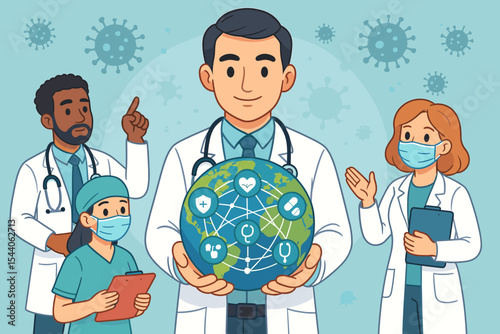 Diverse Medical Team Protecting Global Health, Doctors with Masks and Stethoscopes Holding Earth, Healthcare Network, Virus Prevention, International Unity, Medical Support, Vector Illustration