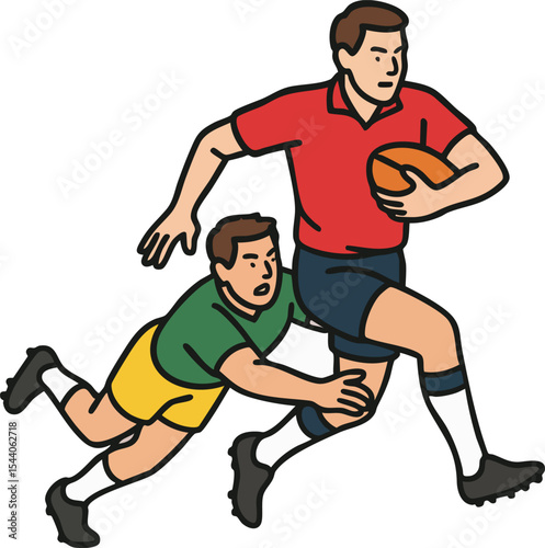 Rugby players in action, runner in red jersey carrying ball breaks tackle from opponent in green and yellow. Dynamic sports vector illustration, cartoon style, team game  editable vector illustration 