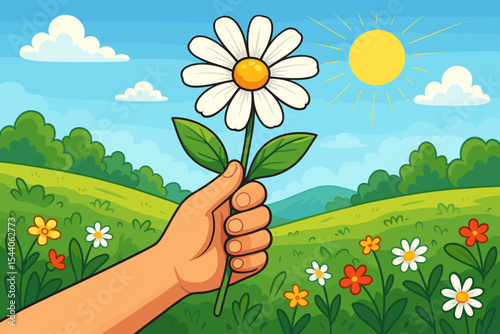 Hand Holding White Daisy Flower in Sunny Summer Meadow, Cartoon Vector Illustration. Vibrant Nature Landscape, Colorful Wildflowers, Blue Sky, Sunshine, Green Hills, Outdoor Spring Season Scene