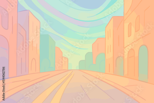 Abstract urban city street background vector cartoon illustration with pastel light streaks. Colorful modern buildings, empty road, gentle sky, and dreamy cityscape landscape art.