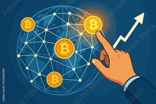Hand Touching Global Bitcoin Network. Cryptocurrency Growth Concept. Blockchain Transactions, Digital Finance, Online Payment, Worldwide Investment, Financial Technology Vector Illustration